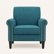 Studio front | blue-green tweed armchair with rolled arms, silver-toned nailheads, and dark tapered legs