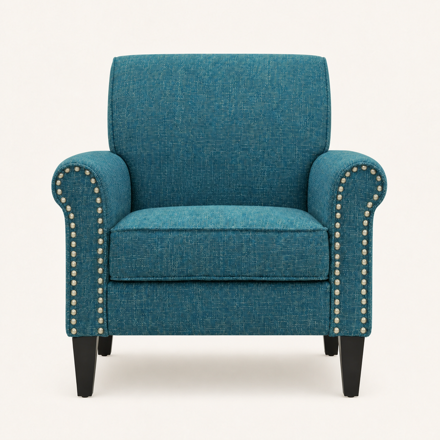 Studio front | blue-green tweed armchair with rolled arms, silver-toned nailheads, and dark tapered legs