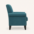 Studio side | right-side profile of blue-green tweed armchair with rolled arm and dark tapered leg