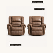 Dimensions | two Nut Brown recliners with 18.5 inch seat height, 19.7 inch seat depth, and 19 inch arm height callouts