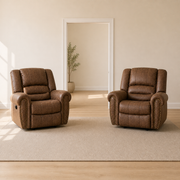 Scale | two Nut Brown recliners beside a fully visible interior doorway on pale oak flooring