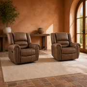 In a room | two matching Nut Brown nailhead recliners in a terracotta room with brick flooring and an arched garden door