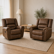 In a room | two Nut Brown nailhead recliners with a wood table, floor lamp, and plant in a warm neutral room