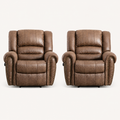 Front | two matching Nut Brown faux leather recliners on an off-white studio sweep with rolled arms, brass nailheads, and black feet