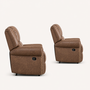 Side | two Nut Brown recliners in left-side studio profile with sloped backs, closed footrests, manual levers, and black feet