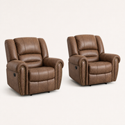 Angle | two matching Nut Brown recliners in three-quarter studio view with rolled arms, nailhead trim, side panels, and black levers