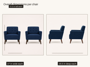 Dimensions | front and side studio views of the armchairs with 37 inch width, 31.5 inch height, and 29.5 inch depth callouts per chair