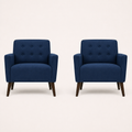 Studio front | two deep blue polyester plain-weave armchairs facing forward with six-button backs, flared arms, and espresso birch legs