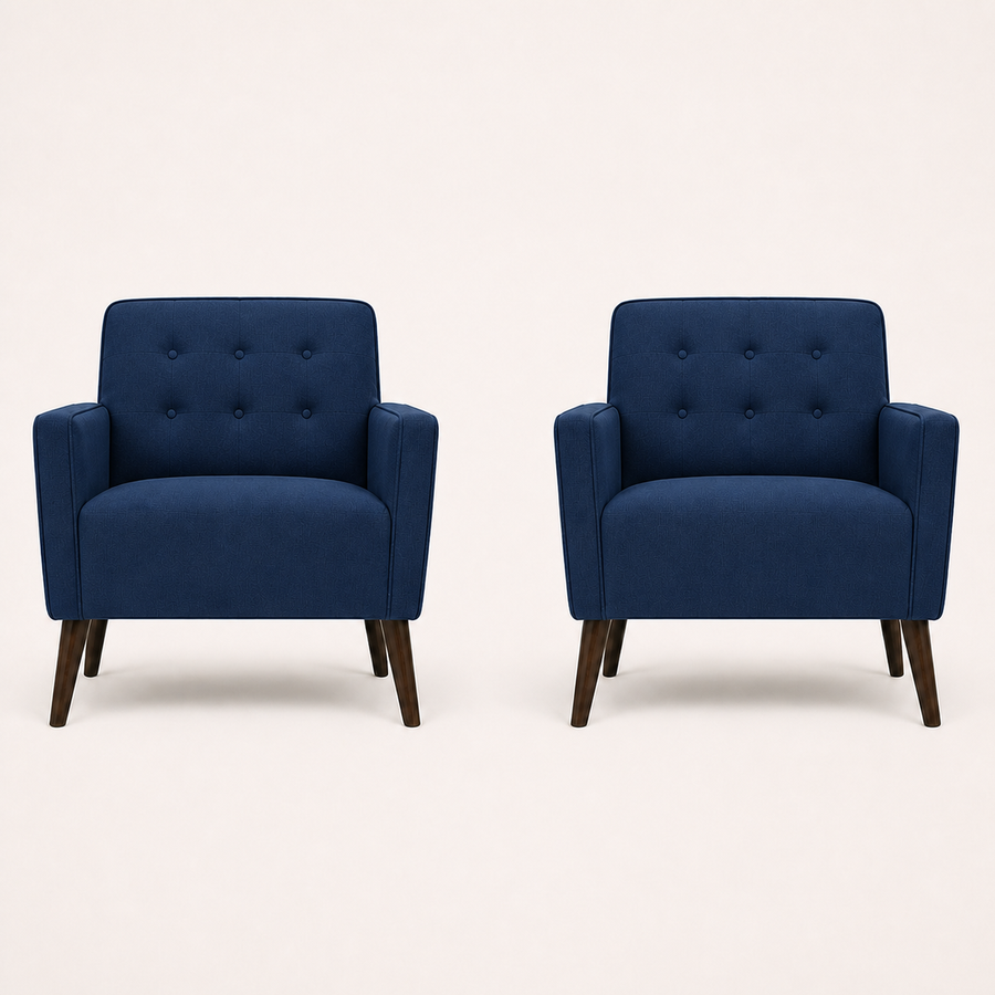 Studio front | two deep blue polyester plain-weave armchairs facing forward with six-button backs, flared arms, and espresso birch legs