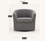 Dimensions | drawn dimensions for the slate gray swivel barrel chair: 31 inch W, 30 inch H, and 27.5 inch D