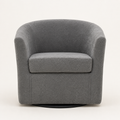 Front | front studio view of the slate gray swivel barrel chair with rounded arms, boxed seat cushion, and low black circular swivel base