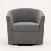 Front | front studio view of the slate gray swivel barrel chair with rounded arms, boxed seat cushion, and low black circular swivel base