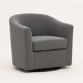 Studio | three-quarter studio view of the slate gray swivel barrel chair showing its curved side seam, boxed seat cushion, and low black circular swivel base