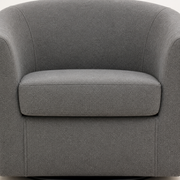 Texture | close view of the slate gray fine-textured upholstery and curved seams on the barrel back and boxed seat cushion