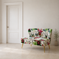Scale | floral armless loveseat beside a full-height interior doorway for scale