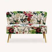 Front | front view of the ivory floral armless loveseat with blue-and-yellow butterflies and gold legs