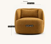 Dimension detail | brown boucle swivel armchair annotated with 16.5 inch seat height and 24.8 inch seat width and depth