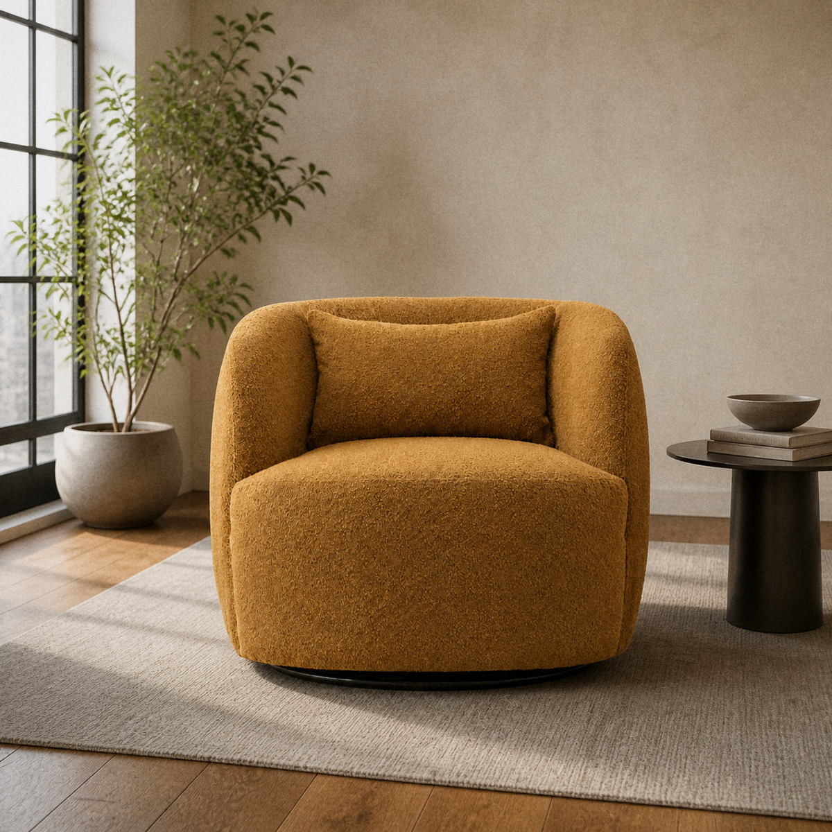 In a room | amber-gold brown boucle swivel armchair in a warm greige loft living room, with a black side table and leafy plant