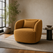 Room one angle | amber-gold brown boucle swivel armchair turned to show its rounded side and black swivel base
