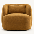 Studio front | amber-gold brown boucle swivel armchair with rounded barrel back, lumbar cushion and black circular swivel base