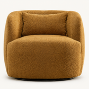 Studio front | amber-gold brown boucle swivel armchair with rounded barrel back, lumbar cushion and black circular swivel base