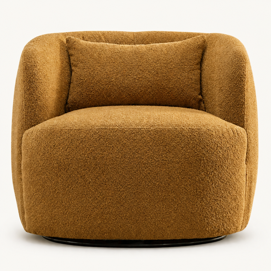 Studio front | amber-gold brown boucle swivel armchair with rounded barrel back, lumbar cushion and black circular swivel base