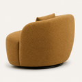 Studio side | brown boucle swivel armchair showing its rounded rear shell, seat depth and black circular swivel base