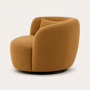 Studio three-quarter | amber-gold brown boucle swivel armchair turned to show its rounded side, seat depth and black swivel base