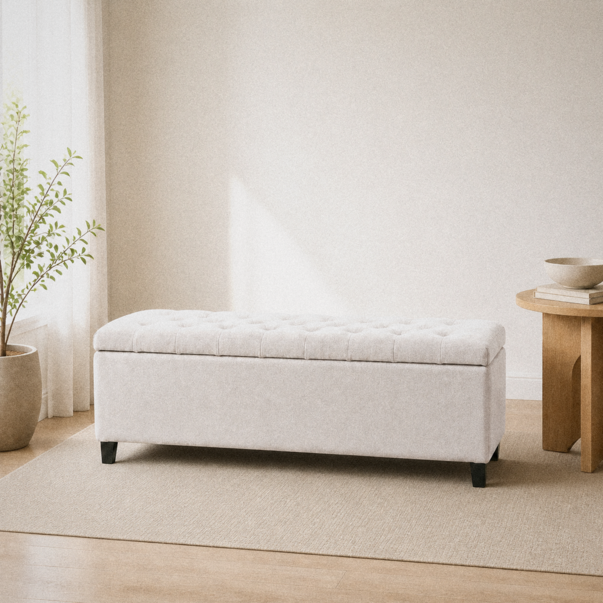 Room 1 | Ivory button-tufted storage bench in a warm white room with a leafy plant by the bright window, light wood floor, and round wood table