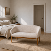 Scale | beige channel-back loveseat beside a full-height doorway for scale