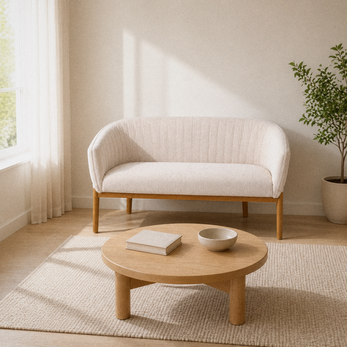 In a room | warm reading room with the beige channel-back loveseat, round oak table, and plain rug