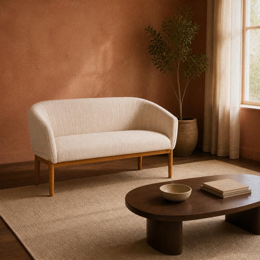 In a room | terracotta living room with the beige channel-back loveseat and walnut coffee table