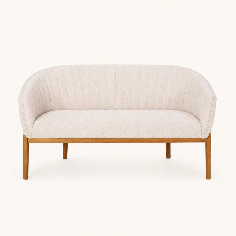 Front | straight-on studio view of the beige channel-back loveseat with brown wood legs