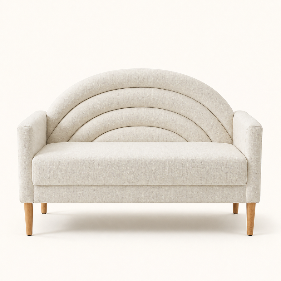 Front studio | Cream textured loveseat viewed straight on with a three-channel arched back, square arms, one bench seat, and tapered brown legs