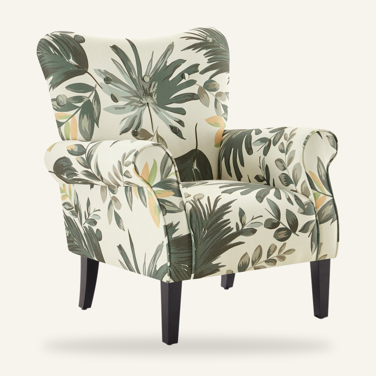 Armchair, Tufted Linen, Solid and Manufactured Wood Frame, Green Floral, Black Legs
