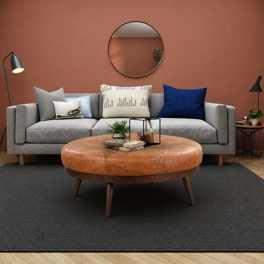 Tessmar Lambareidi Leather Ottoman in a restyled supplier room | Pipeline B room-shell edit 2