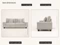 Seat dimensions | Front and side sofa views with seat width, seat height, seat depth, and back-height callouts