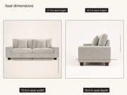 Seat dimensions | Front and side sofa views with seat width, seat height, seat depth, and back-height callouts