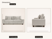Dimensions | Front and side views of the compact sofa with overall width, height, and depth callouts