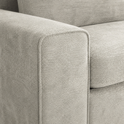 Detail | Close view of the wide square arm, chenille surface, and upholstered edge seams