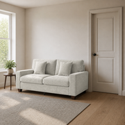 Scale | Beige-gray compact sofa beside a full-height interior doorway and window