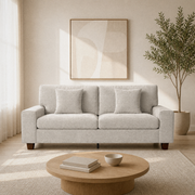 Room | Beige-gray chenille compact sofa in an ivory living room with an oak coffee table