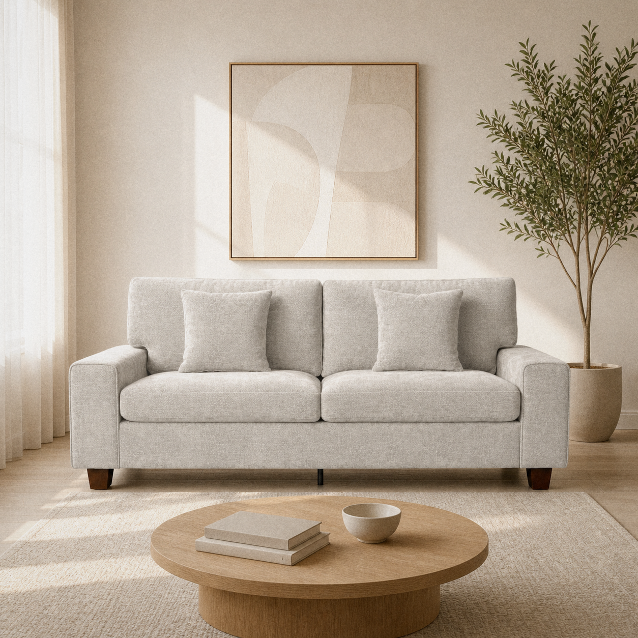 Room | Beige-gray chenille compact sofa in an ivory living room with an oak coffee table