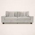 Studio | Straight-on view of the beige-gray chenille sofa with square arms, two pillows, and brown wood legs