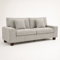 Studio | Left-front three-quarter view of the beige-gray sofa showing the square arm and tapered wood legs