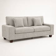 Studio | Left-front three-quarter view of the beige-gray sofa showing the square arm and tapered wood legs