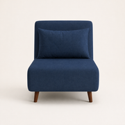 Studio front | navy blue plain-weave armless convertible chair with matching lumbar pillow and espresso pine legs