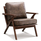 Tessmar lounge chair three quarter view on white studio background, dark brown faux leather