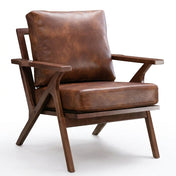 Tessmar lounge chair three quarter view on white studio background, brown faux leather