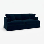 Tessmar Lucia sofa in Bella Ink Blue performance velvet on white studio background